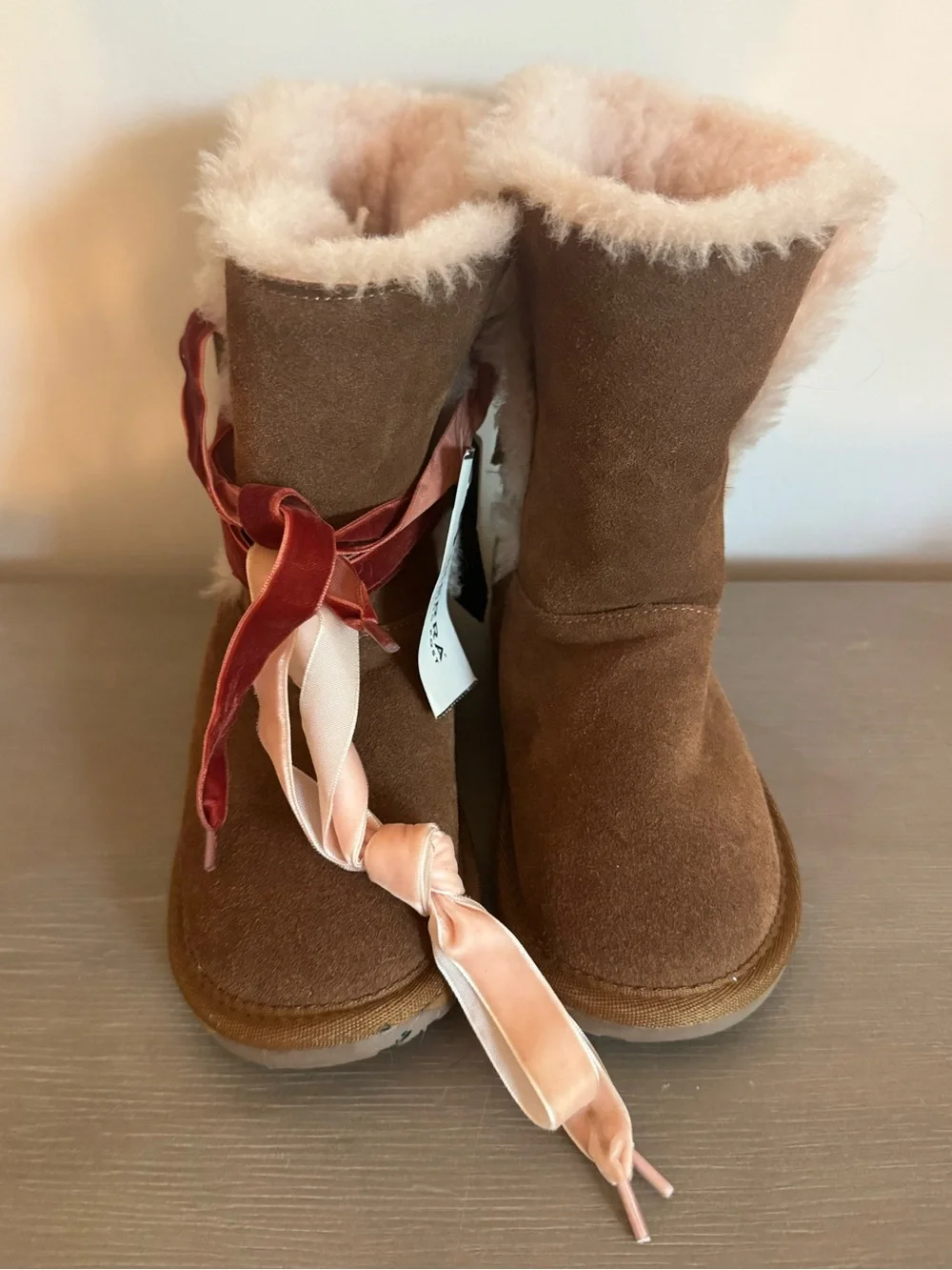 Emu Kids Brown Suede Winter Boots with Pink Ribbon Laces